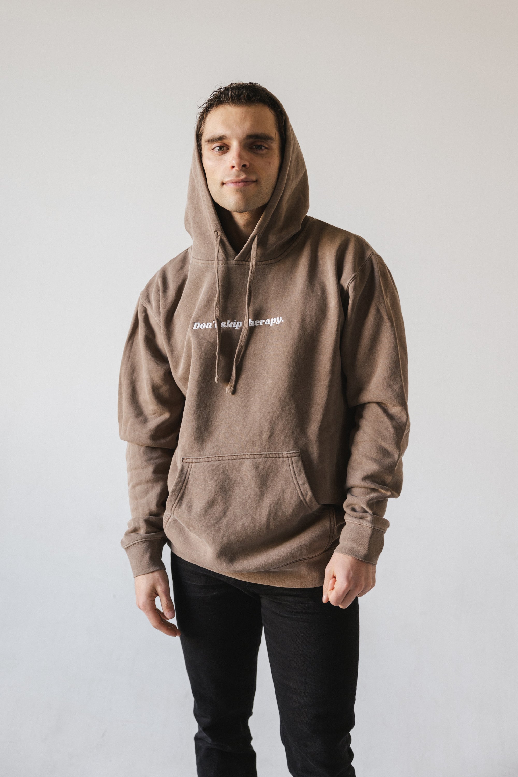 Don't Skip Therapy Embroidered Hoodie - Washed Brown
