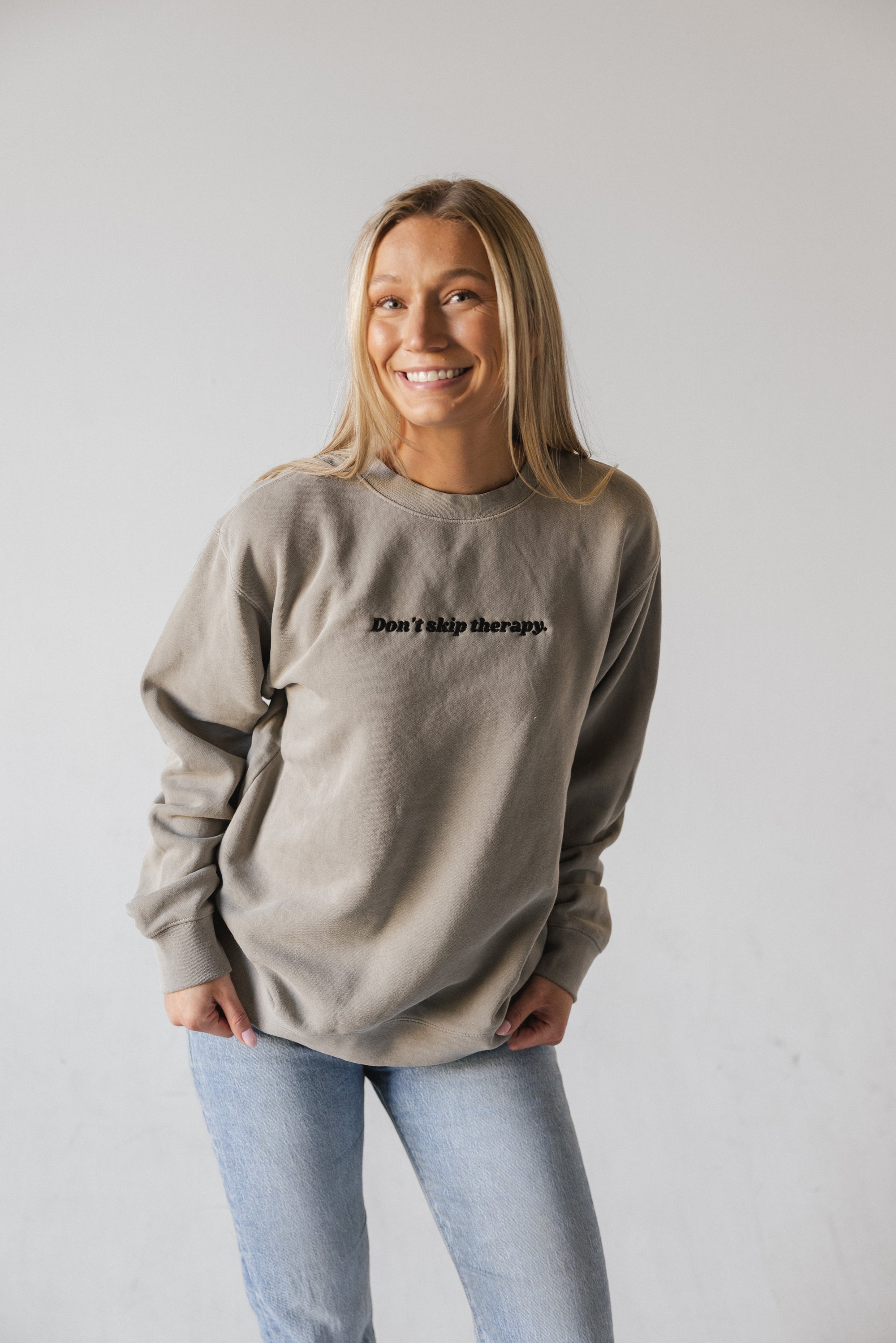 Don't Skip Therapy Embroidered Sweatshirt - Cement Gray
