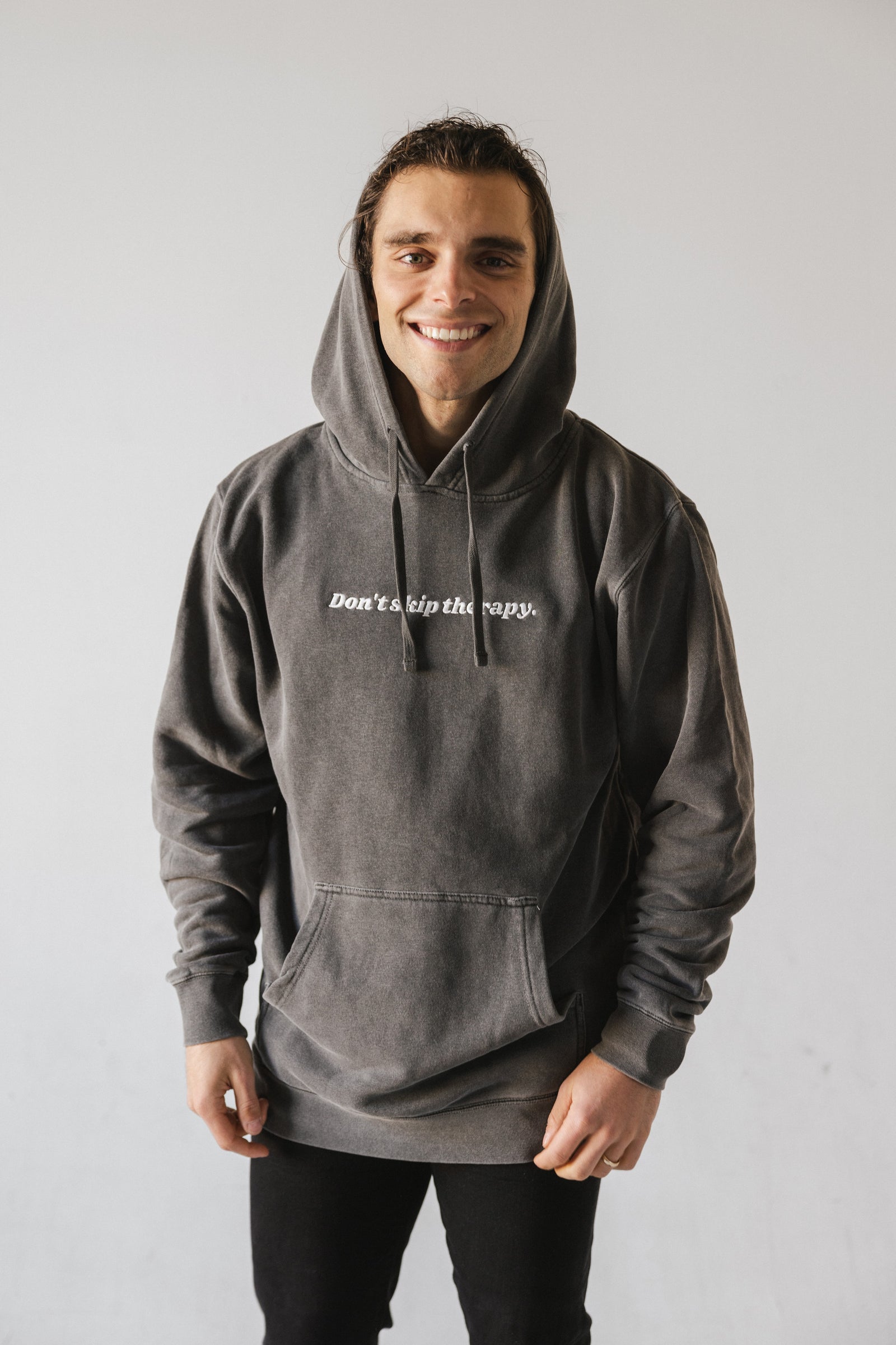 Don't Skip Therapy Embroidered Hoodie - Washed Black
