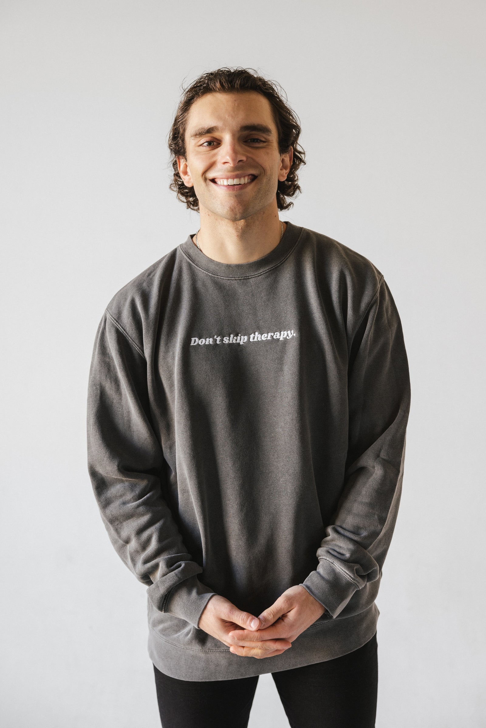Don't Skip Therapy Embroidered  Sweatshirt - Washed Black